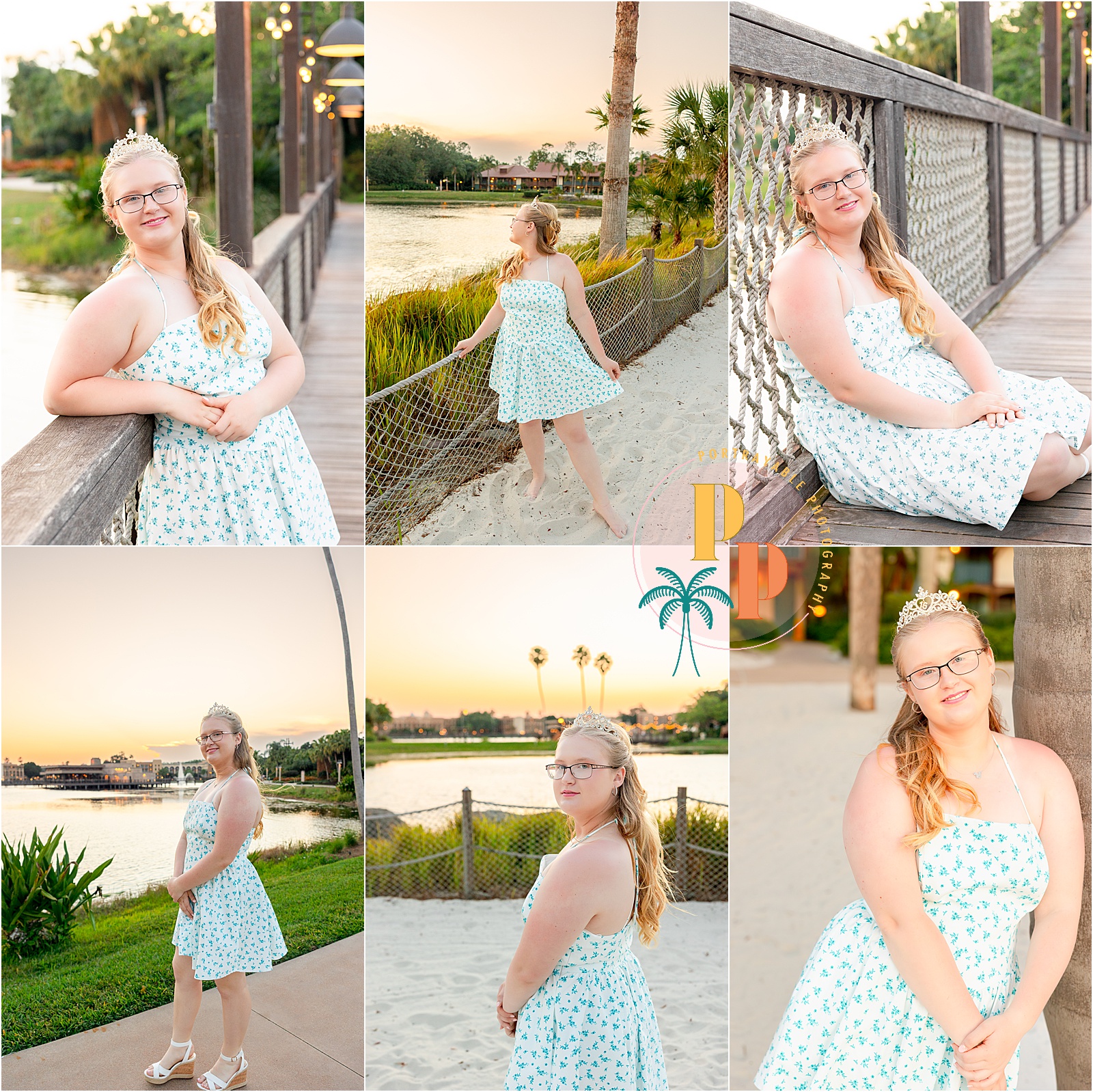 Sweet 16 portrait of teen sitting on bench in front of Gran Destino Tower at Coronado Springs.