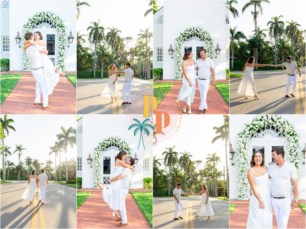Portrait of the couple framed by tropical greenery