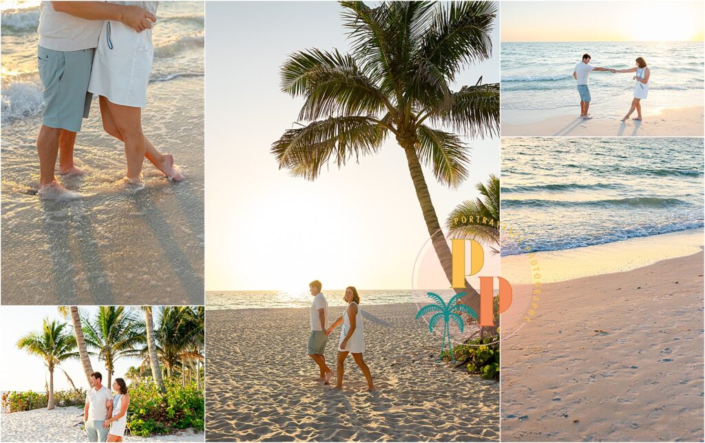 Couple holding hands and walking along the beach at sunset in Naples, FL