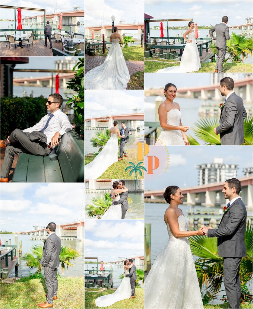 Bride and groom doing a first look, smiling and holding hands