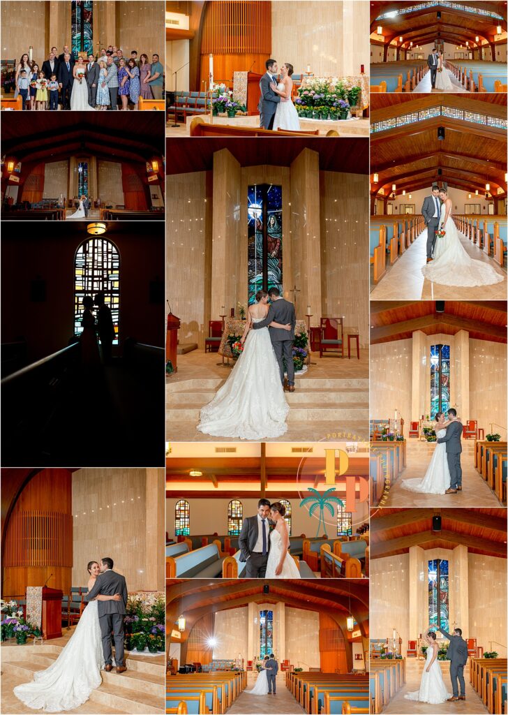 Couple stands in front of Our Lady Star of the Sea Catholic Church in New Smyrna Beach