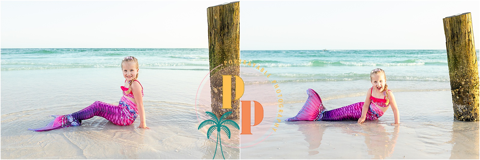 Little girl in mermaid tail laughing and splashing in the shallow waves during her photoshoot