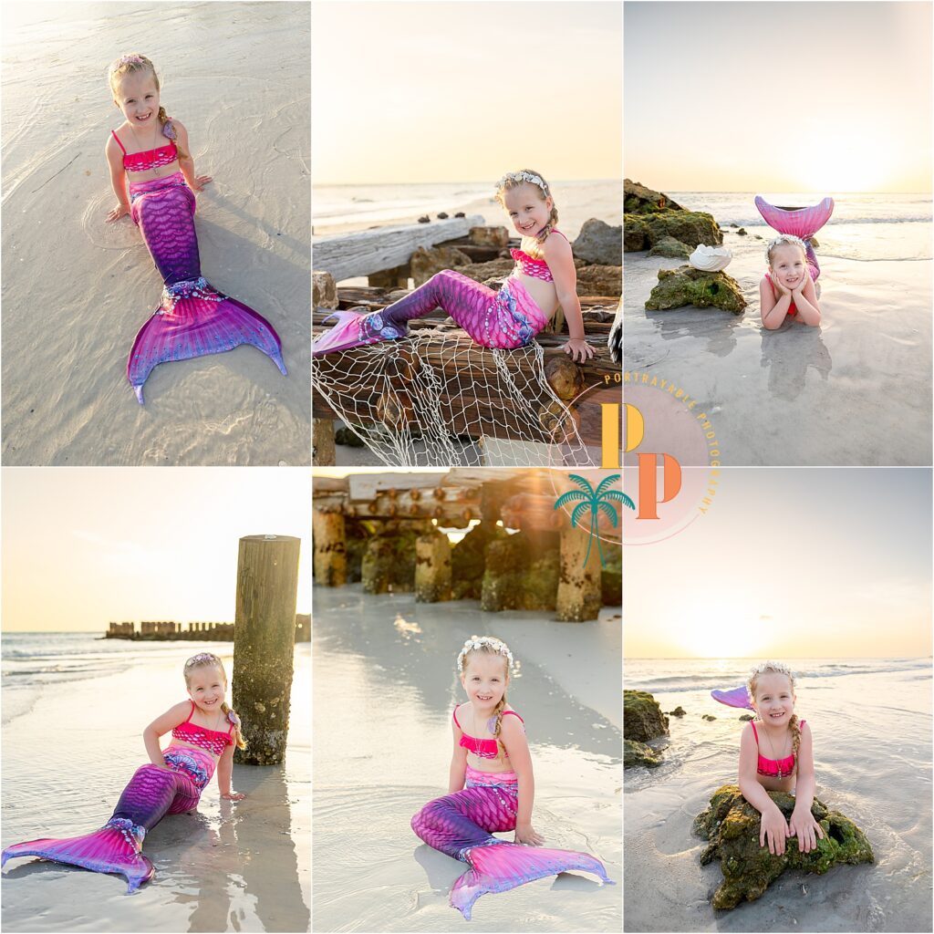 Child dressed as a mermaid sitting near the water’s edge at golden hour on Anna Maria Island