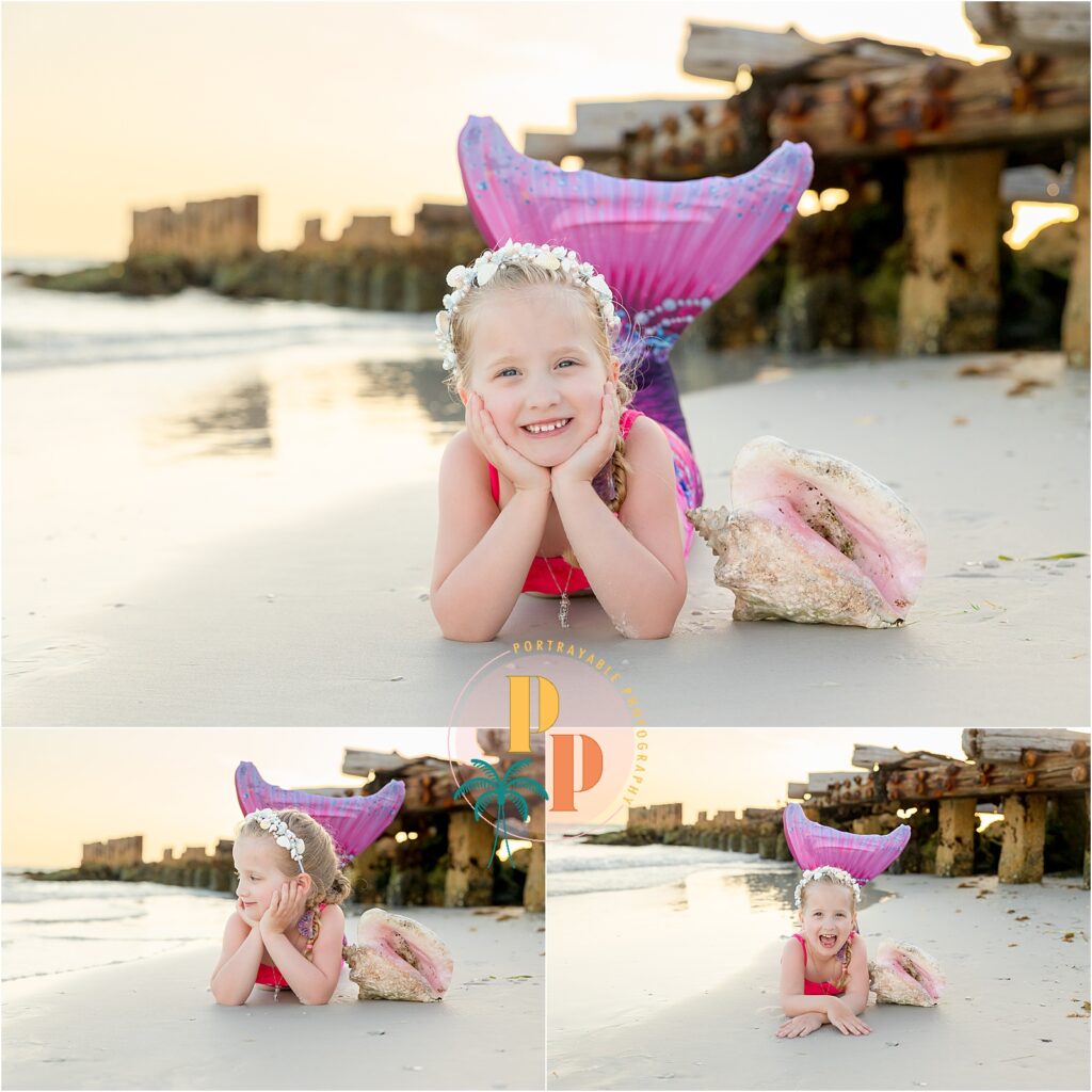Portrait of a child playing with seashells in the sand during a mermaid photo session on Anna Maria Island
