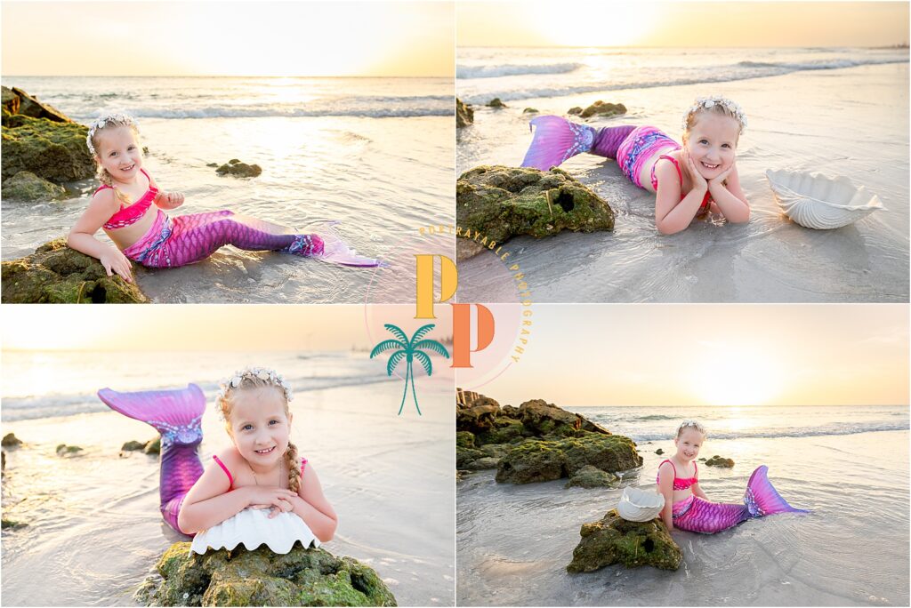 Seated portrait of 5-year-old in a mermaid costume with pastel sky and Gulf of Mexico in the background
