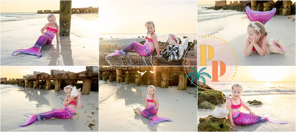 Candid photo of child pretending to swim like a mermaid in shallow water at Anna Maria Island beach