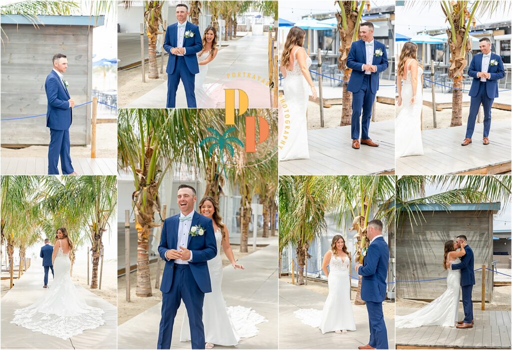 Bride and groom doing a first look outside the resort, both smiling and emotional