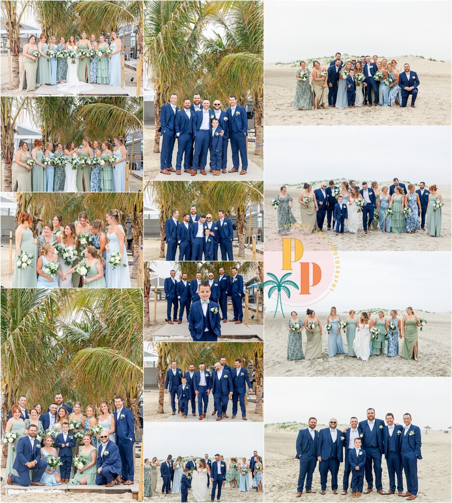 Wedding party cheering as they pose in front of palm trees