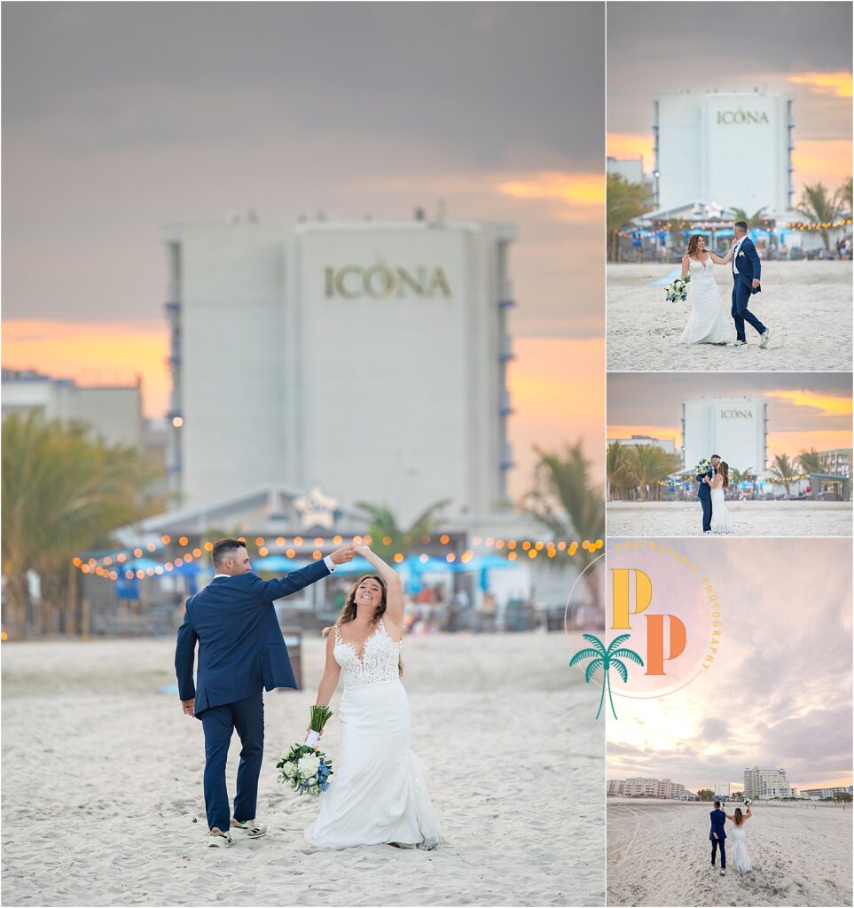 sunset walking back to wedding portrait on the beach at the icona diamond beach resort
