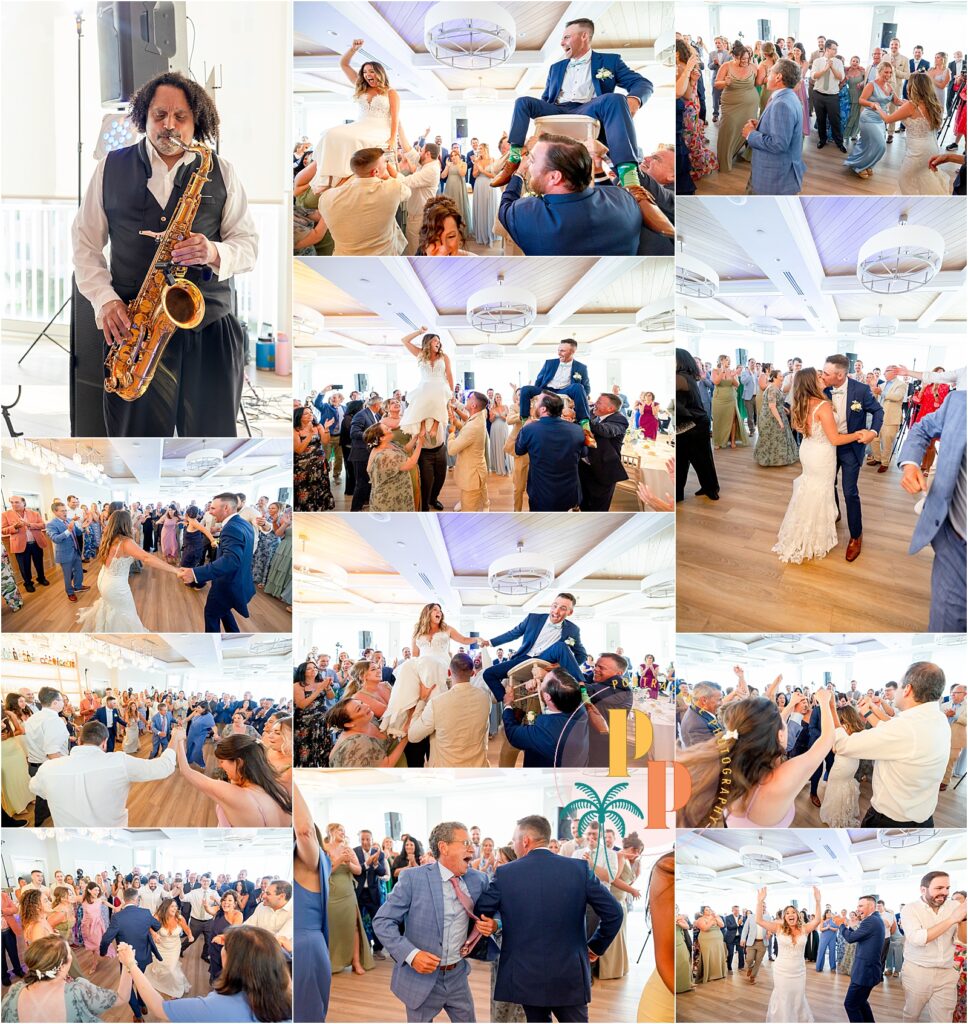 Wide-angle photo of guests seated for the beach ceremony