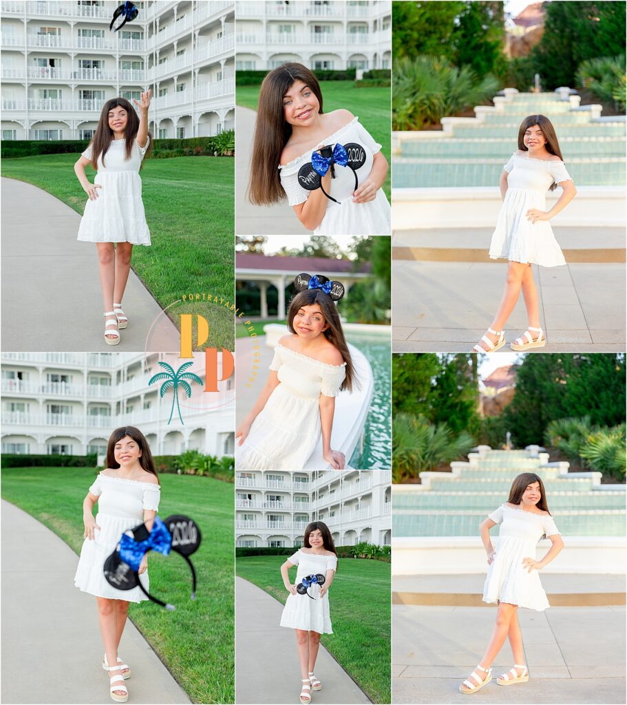 Senior girl in a white dress with Mikey mouse graduation ears