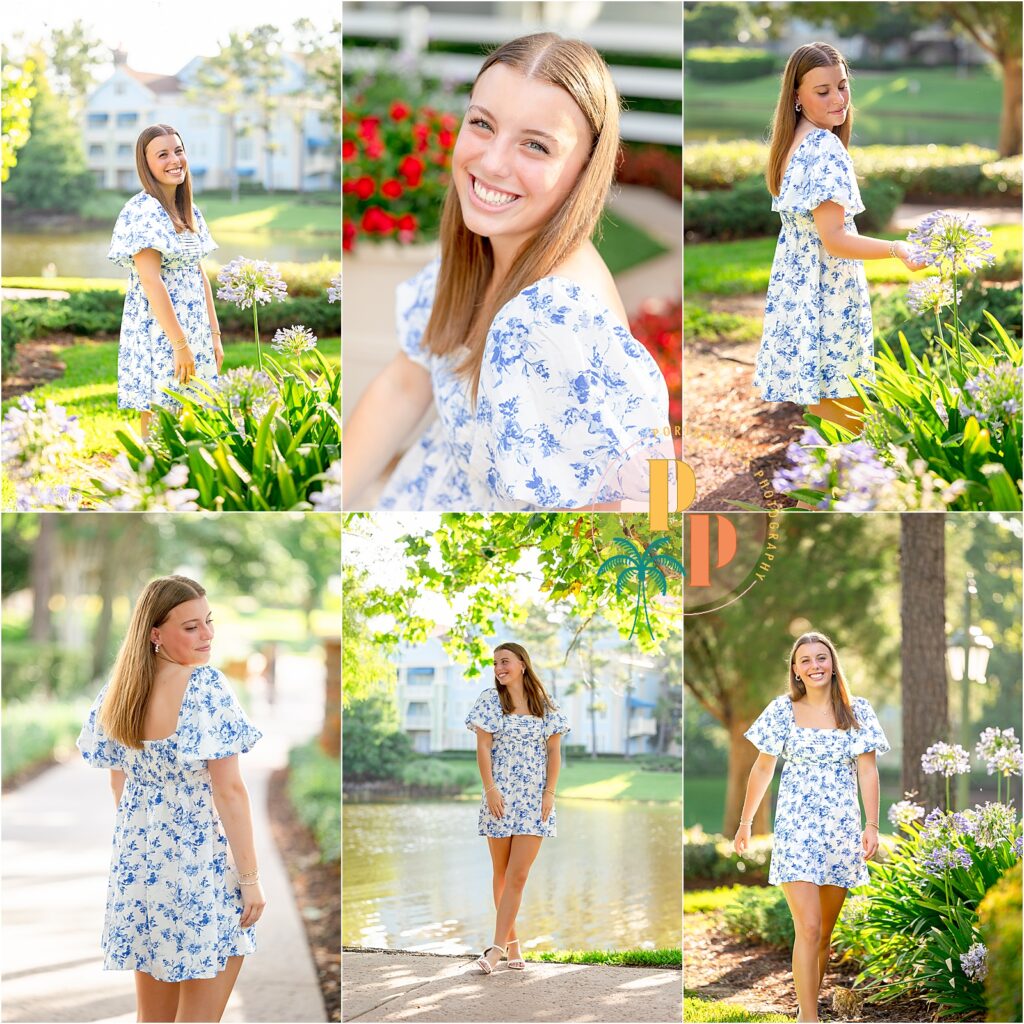 High school senior smiling on the bridge at Disney’s Saratoga Springs Resort during golden hour senior portrait session