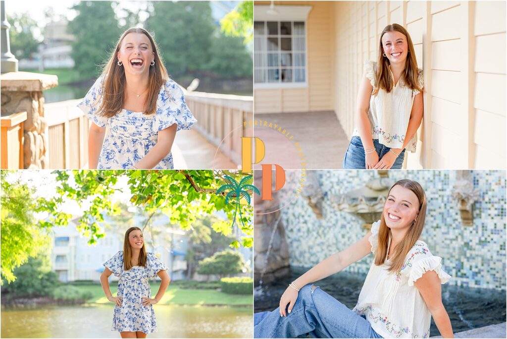 Senior girl in a white sundress posing near the resort’s waterway during her senior portrait session at Disney’s Saratoga Springs