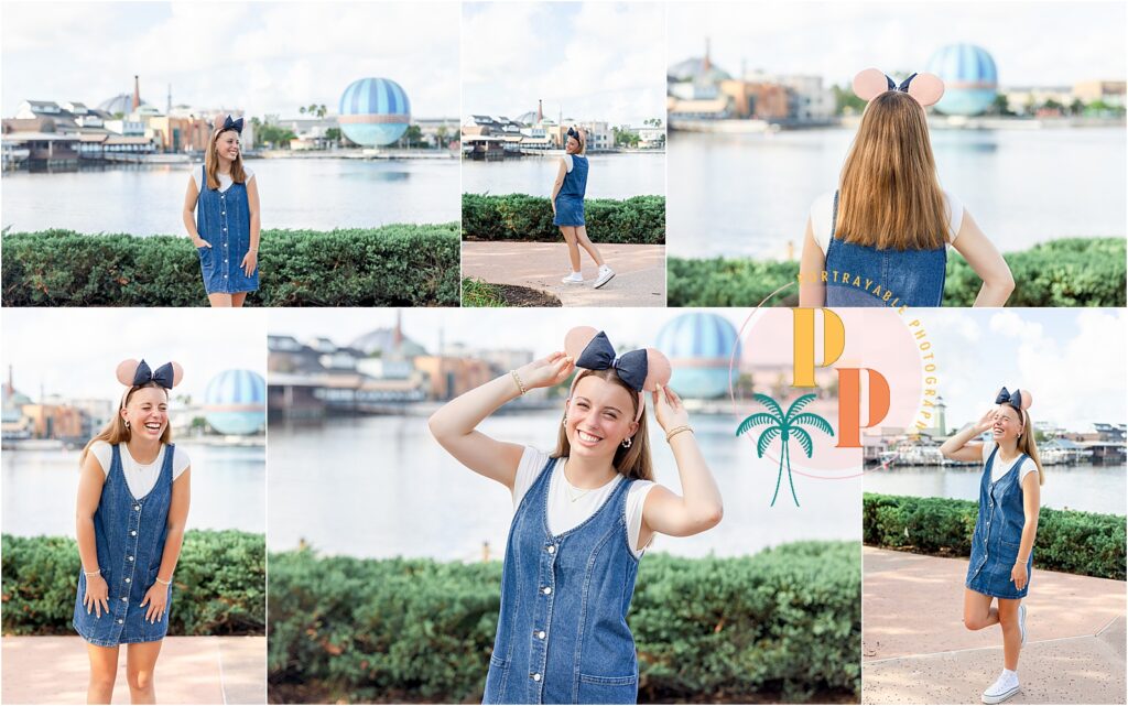 Senior student twirling in a landscaped courtyard at Disney’s Saratoga Springs Resort in Orlando, Florida