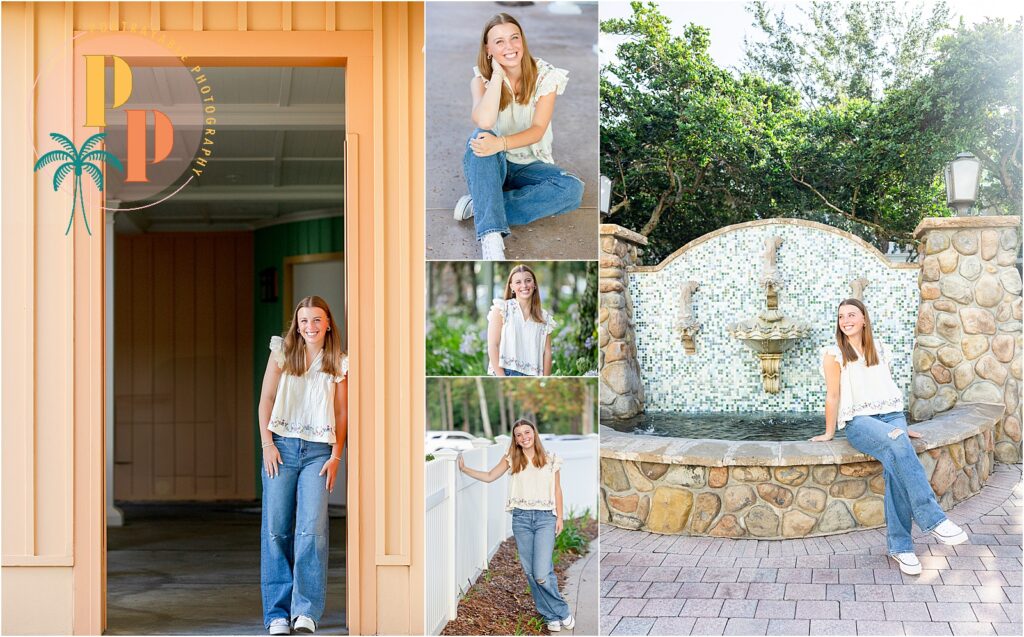 Casual outfit change portrait of senior leaning on a white railing with greenery in the background at Saratoga Springs Senior Portrait Session at Disney’s Saratoga Springs Resort