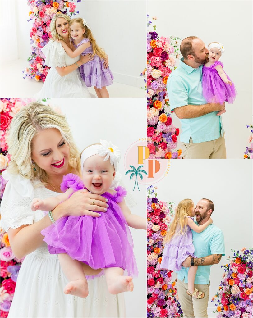 Family laughing and tickling each other during candid photo.
