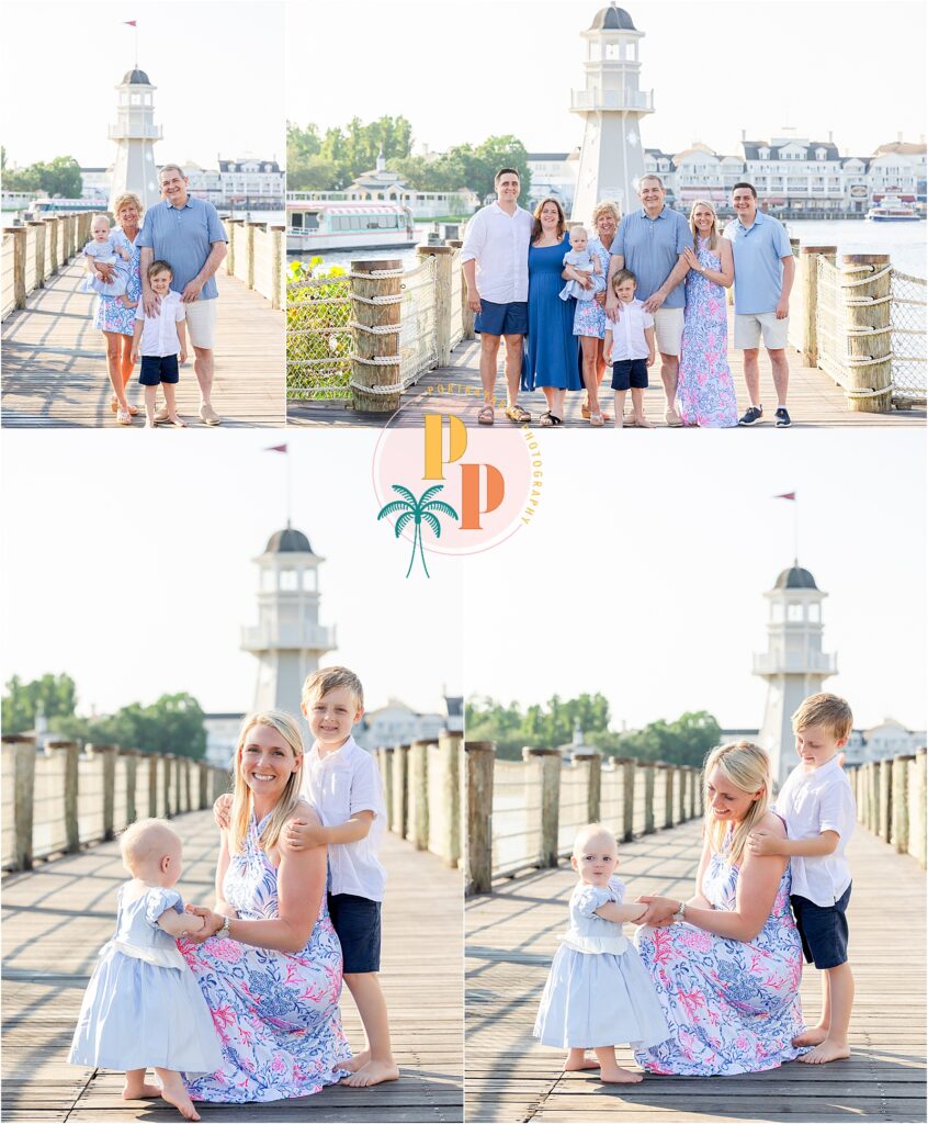 Parents kissing toddler during early morning photo shoot.