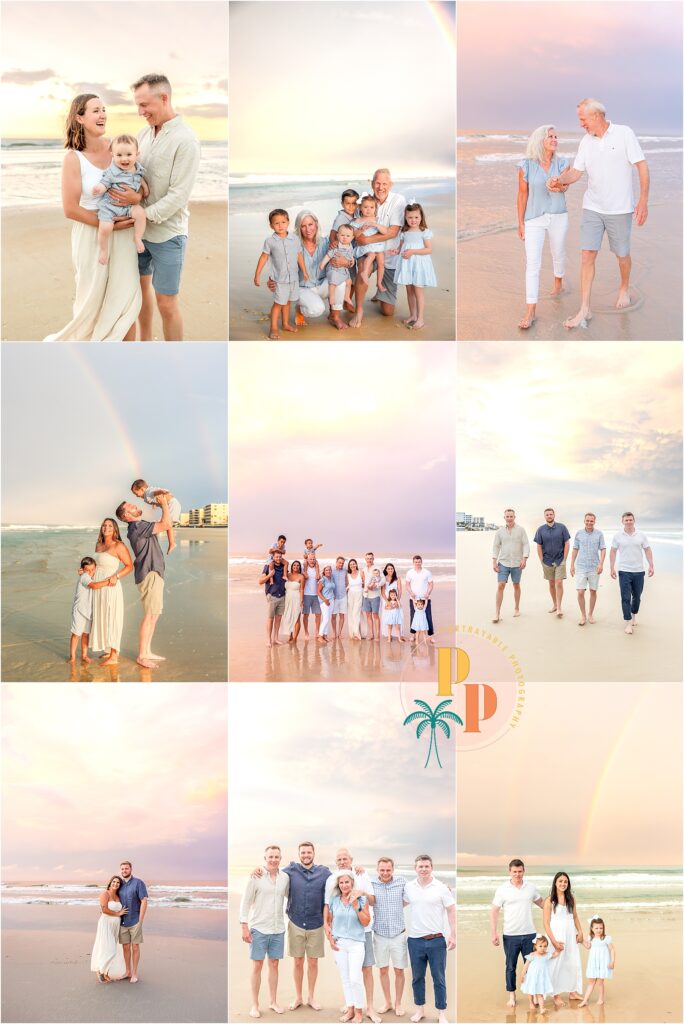 Extended Family Portraits at New Smyrna Beach Parents, kids, and grandkids walking barefoot along the shoreline at sunset