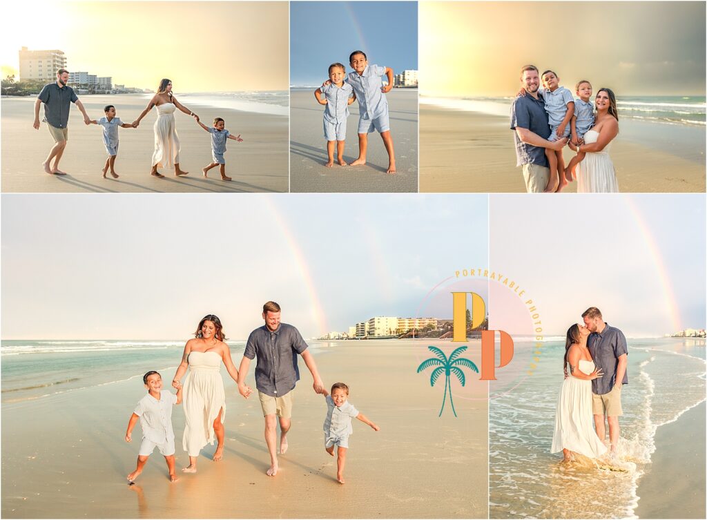 Extended family group smiling on the beach with rainbow in the sky behind them