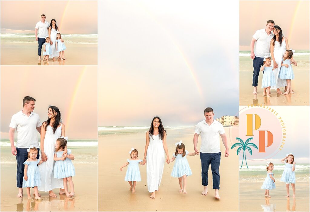 One of the familys walking around the beach with a rain bow in the background