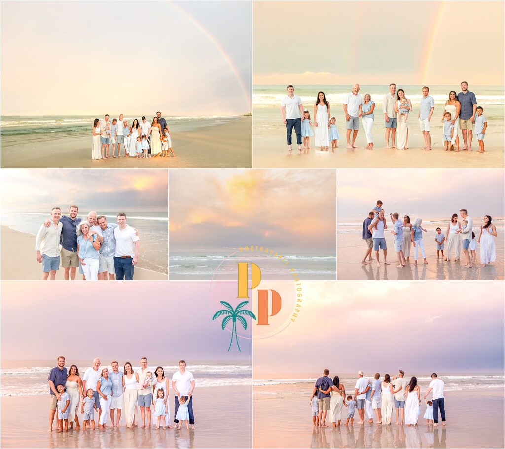 Bright, saturated rainbow arching over the ocean while the family stands in a relaxed group pose below