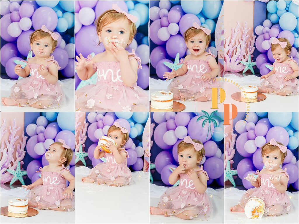 Mermaid-themed cake smash setup with pastel colors.