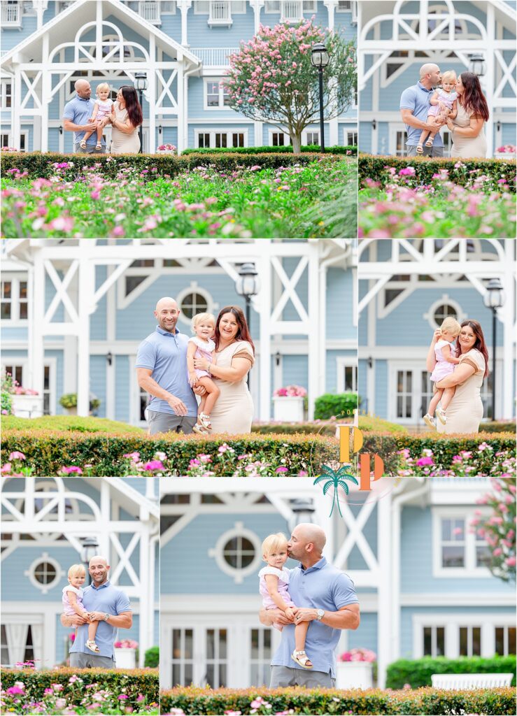 Family cuddling during a 2-year-old portrait session at Disney’s Beach and Yacht Club near the lagoon with palm trees in the background