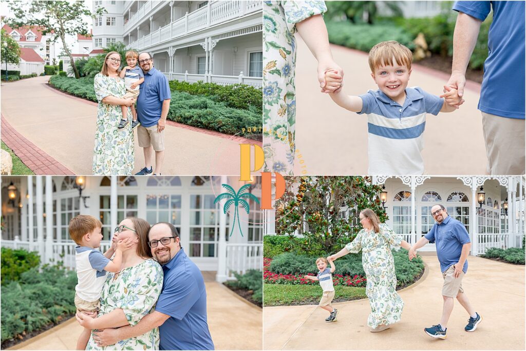 Parents hugging and smiling with white resort buildings and palm trees in the background