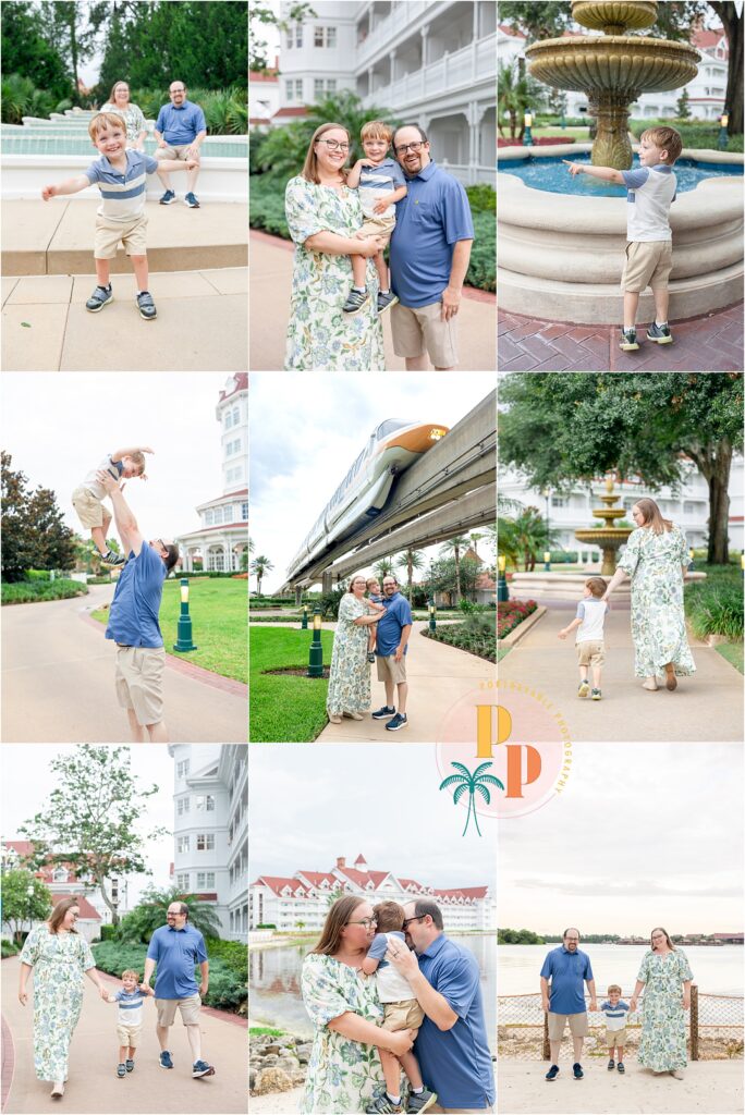Family portraits at Disneys grand Floridian resort with the monorail in the background