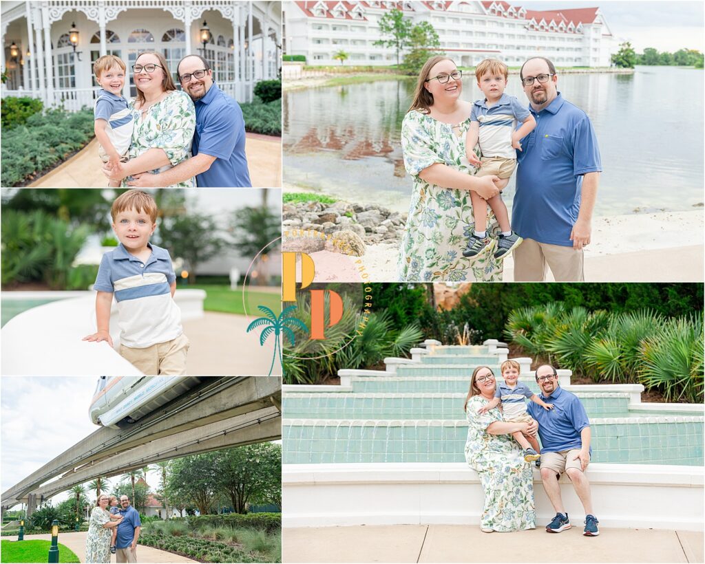 Family portraits at Disneys grand Floridian resort with the monorail in the background and in front of the fountains
