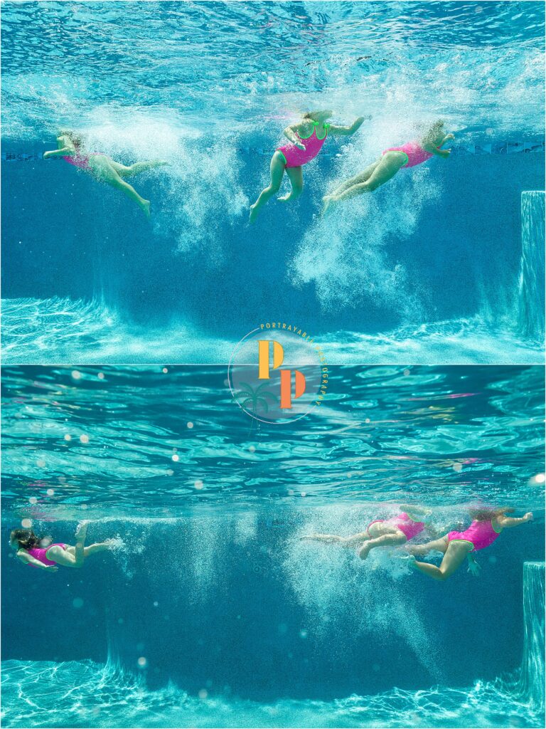 Girls kicking and splashing in a backyard pool