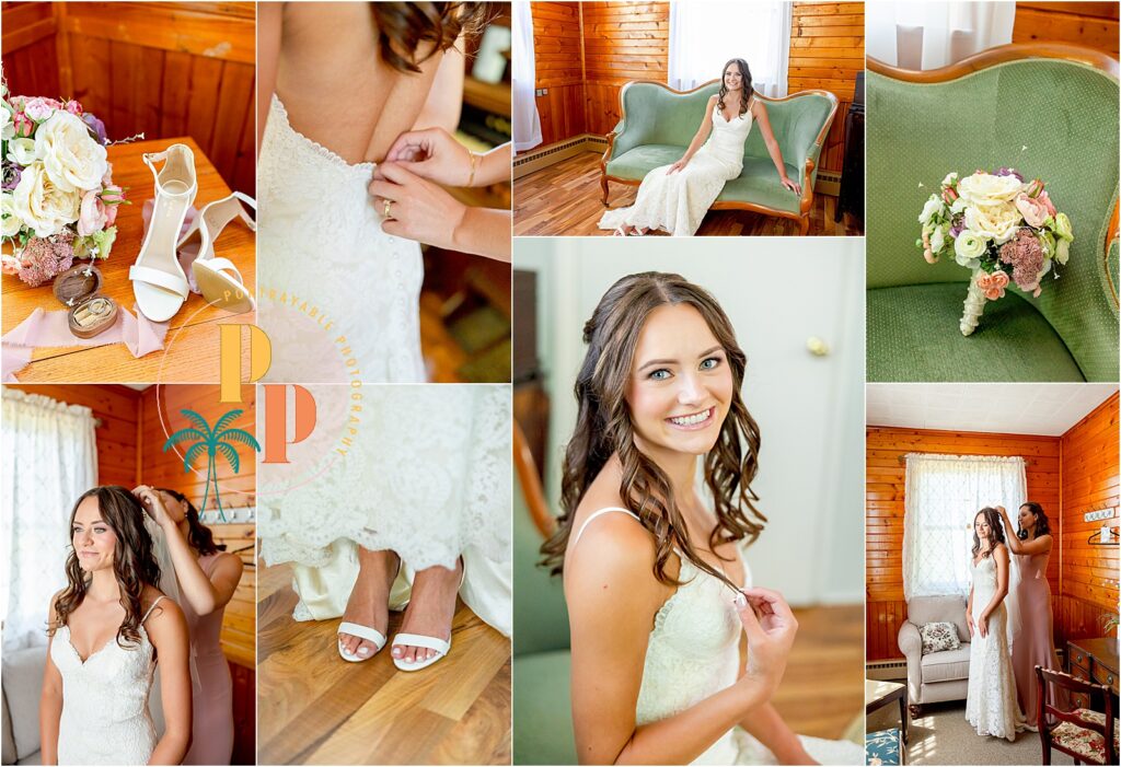 Bride getting dressed at a wedding in Yorkville, IL