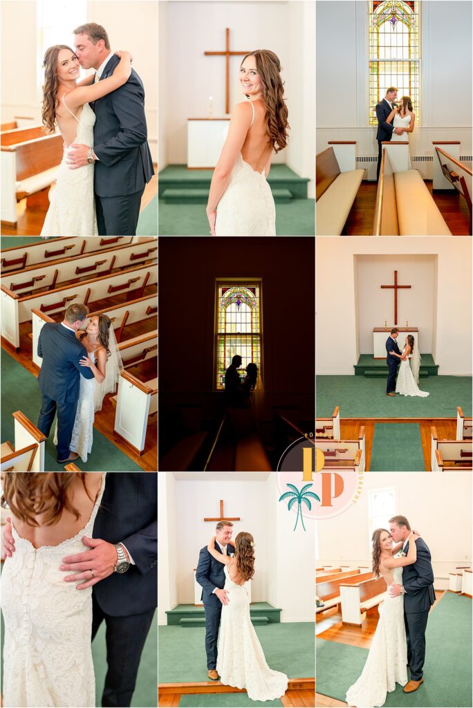 Couple portraits inside the chapel on the green wedding