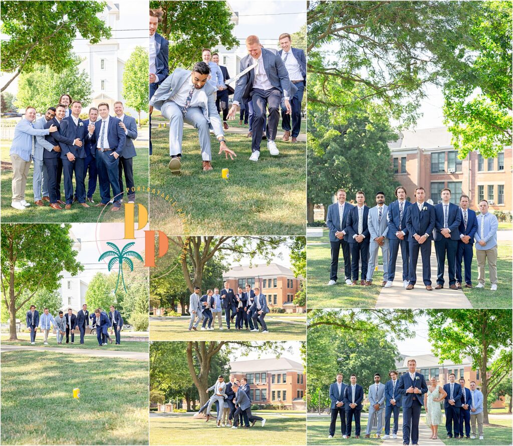 Groomsmen portraits after the ceremony on chapel on the green in Yorkville IL