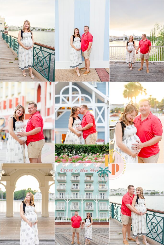 Maternity couple walking hand-in-hand along Disney’s BoardWalk Inn
