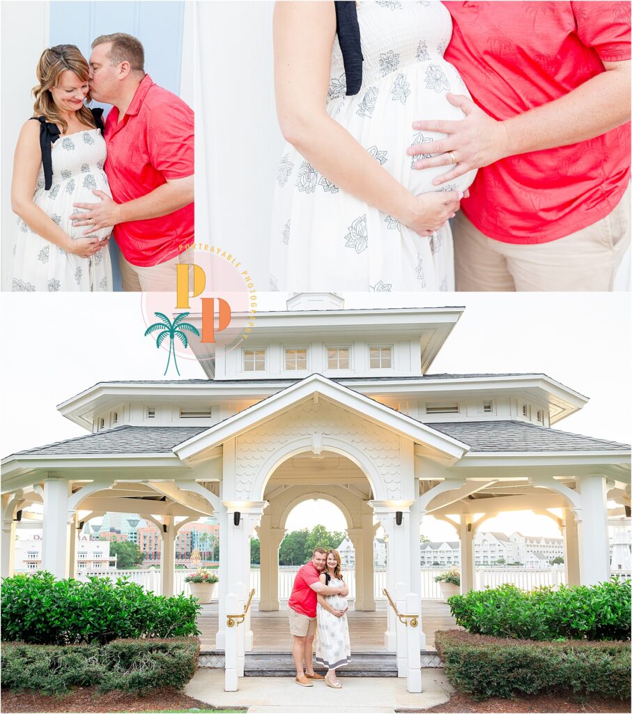 Couple kissing near the waterfront at Disney’s BoardWalk Resort