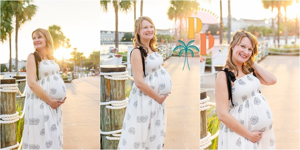 Expecting mother in a flowy maxi dress at Disney’s beach club Resort