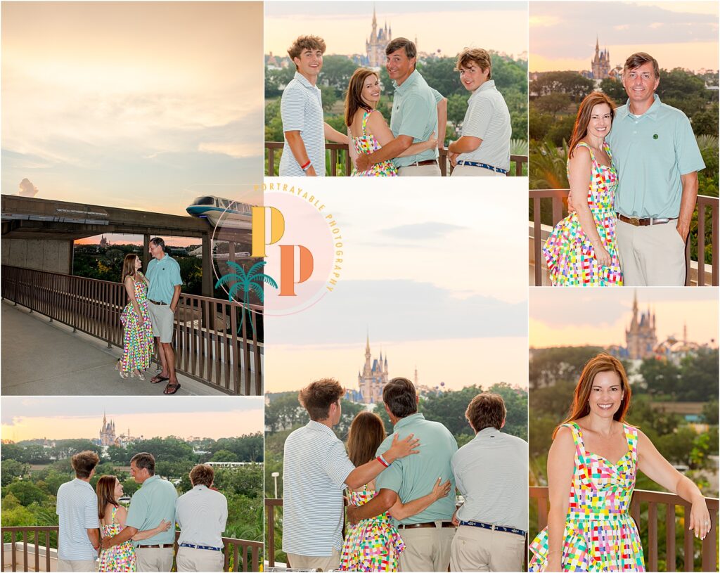 Amanda and her family in front of the Contemporary Resort with palm trees and blue sky