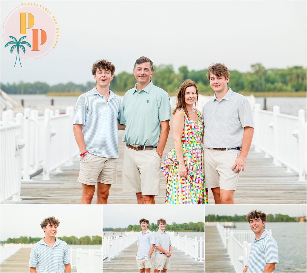 Family standing by the marina at Bay Lake Tower with smiles and soft evening light