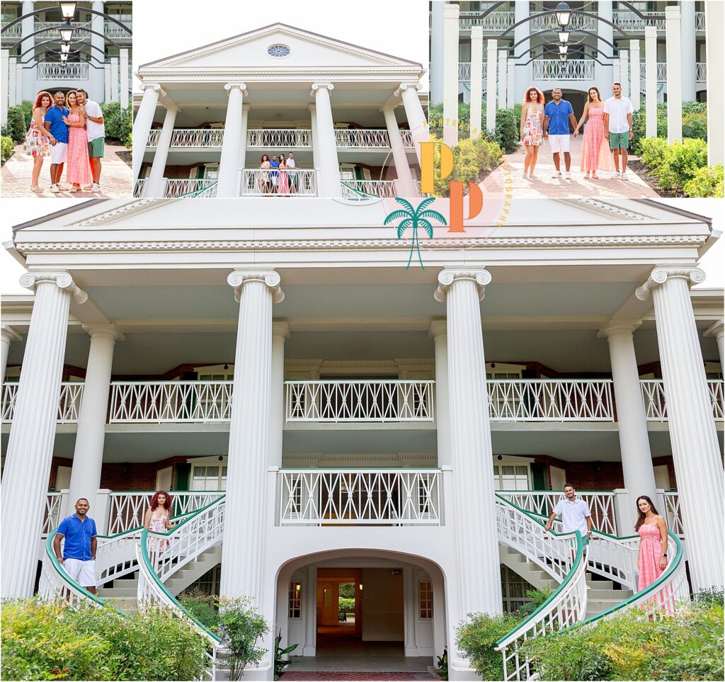 Parents and grown kids smiling on white-columned porch at Riverside
