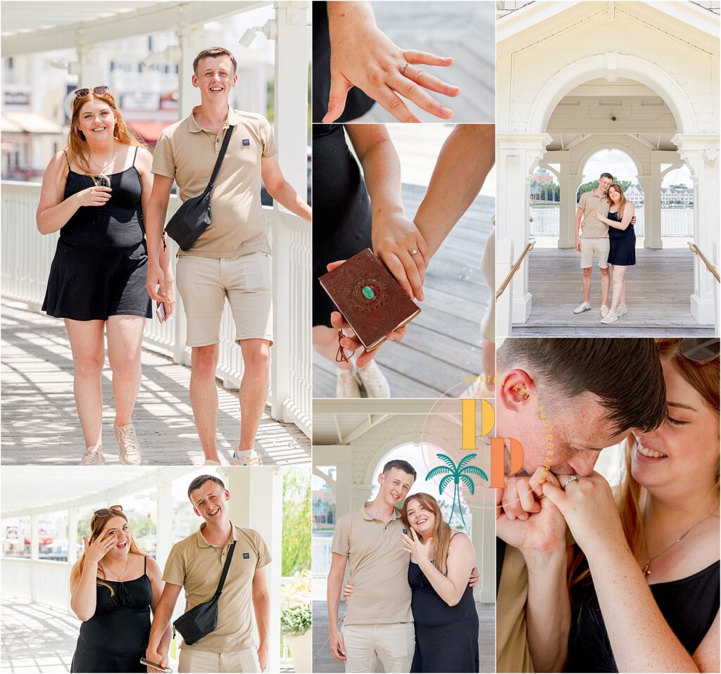 Couple celebrating engagement at Disney’s BoardWalk Resort gazebo.