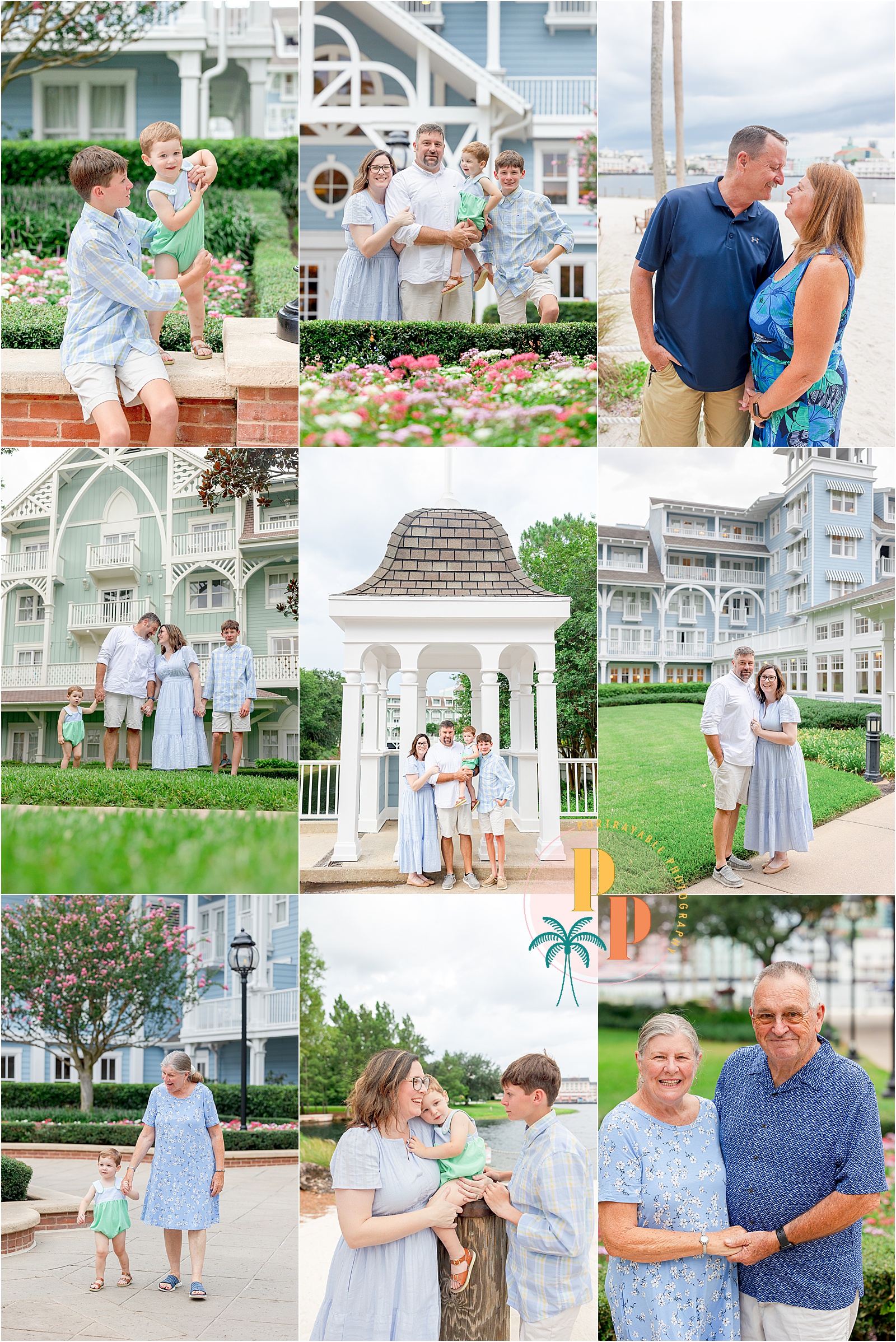 Family portraits at Disney’s Polynesian Resort with palm trees and tropical landscaping.