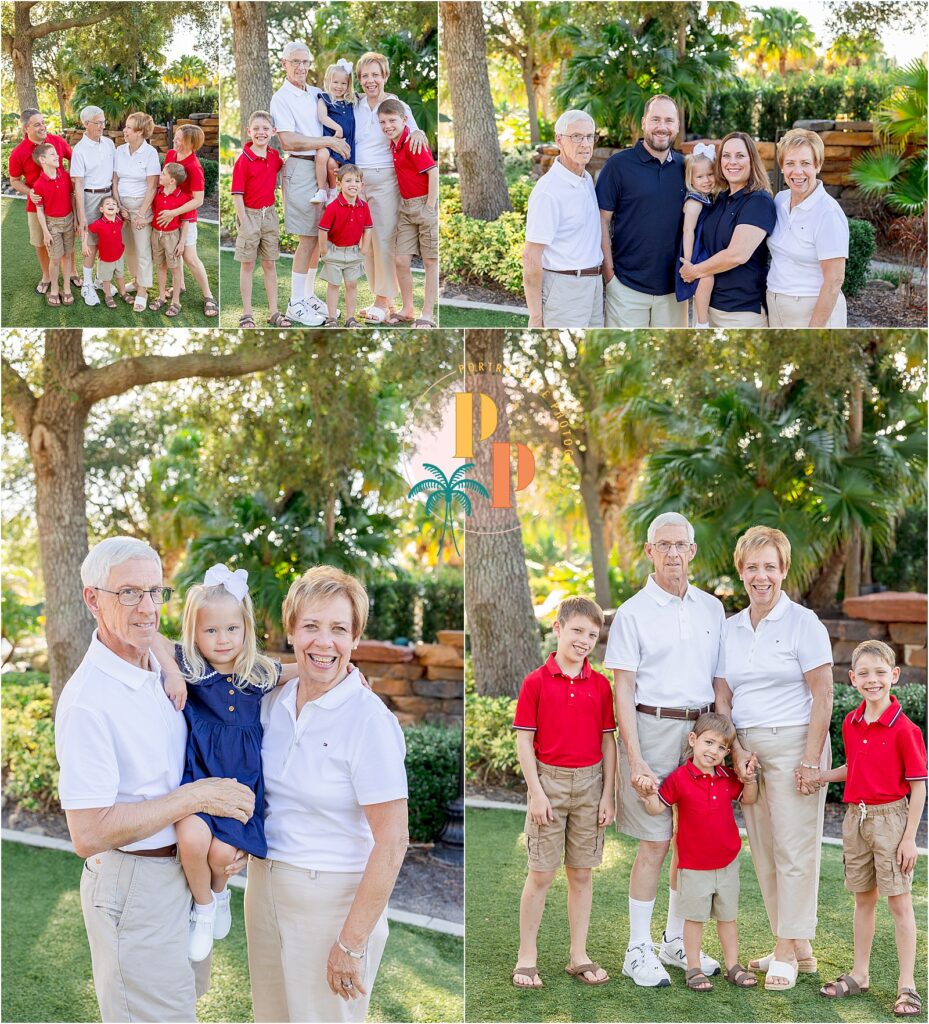 Grandparents with grandchildren during family photo session at River Island in Orlando.