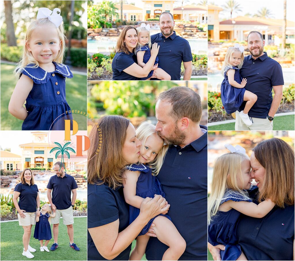 Outdoor extended family portraits in Orlando at Orange Lake Resort with tropical landscaping.
