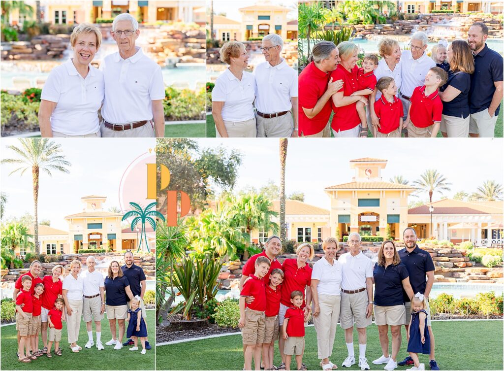 Coordinated family outfits for a summer photo session at Orange Lake Resort.