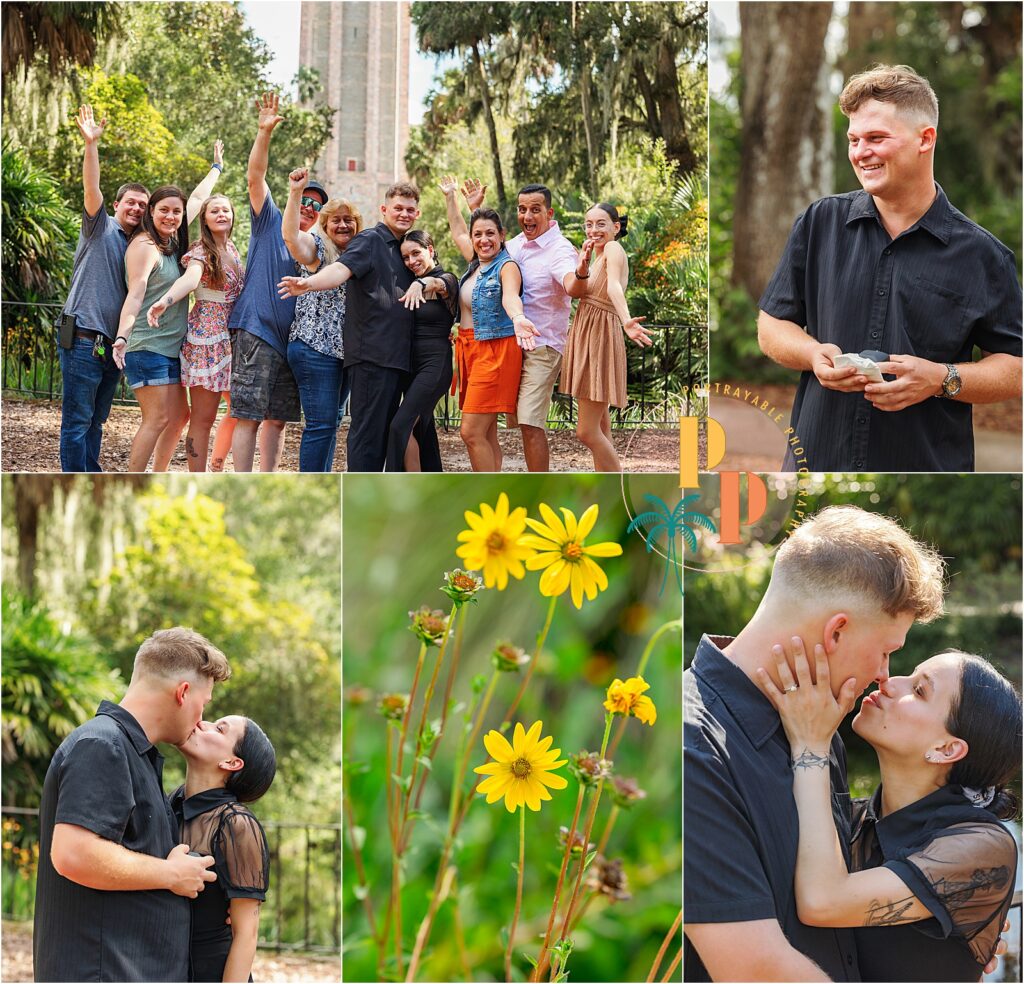 Celebration of love and friendship outdoors after a secret proposal
