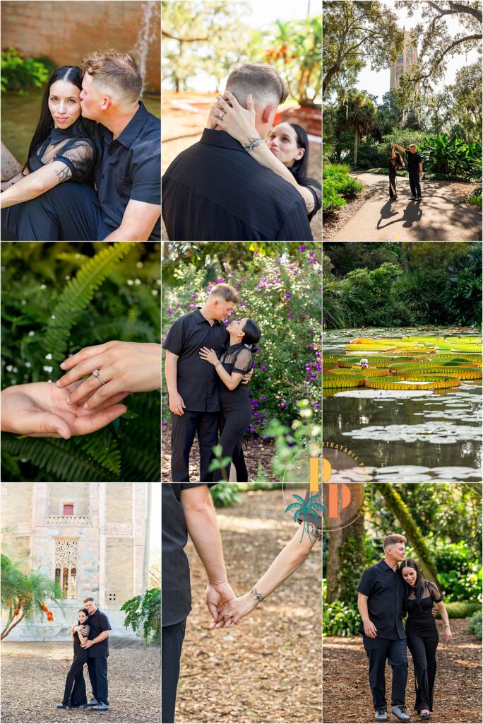 Couple enjoying romantic engagement moments after a proposal at Central Florida bok tower gardens