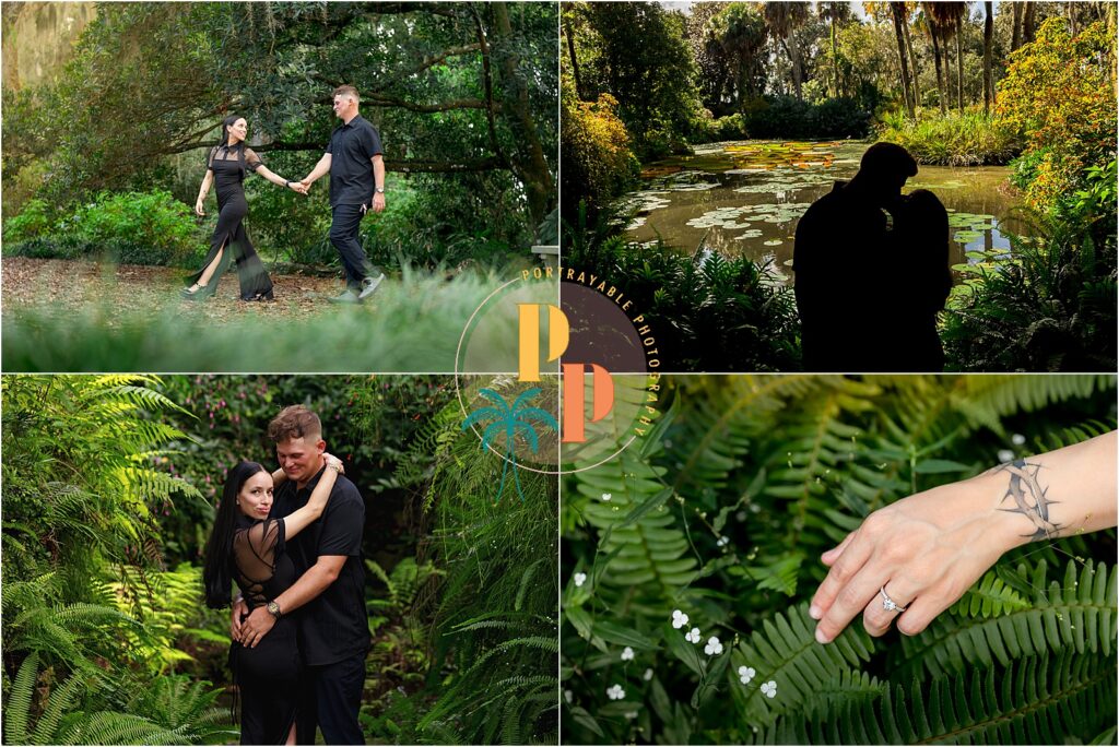 Couple enjoying romantic engagement moments after a proposal at Central Florida bok tower gardens