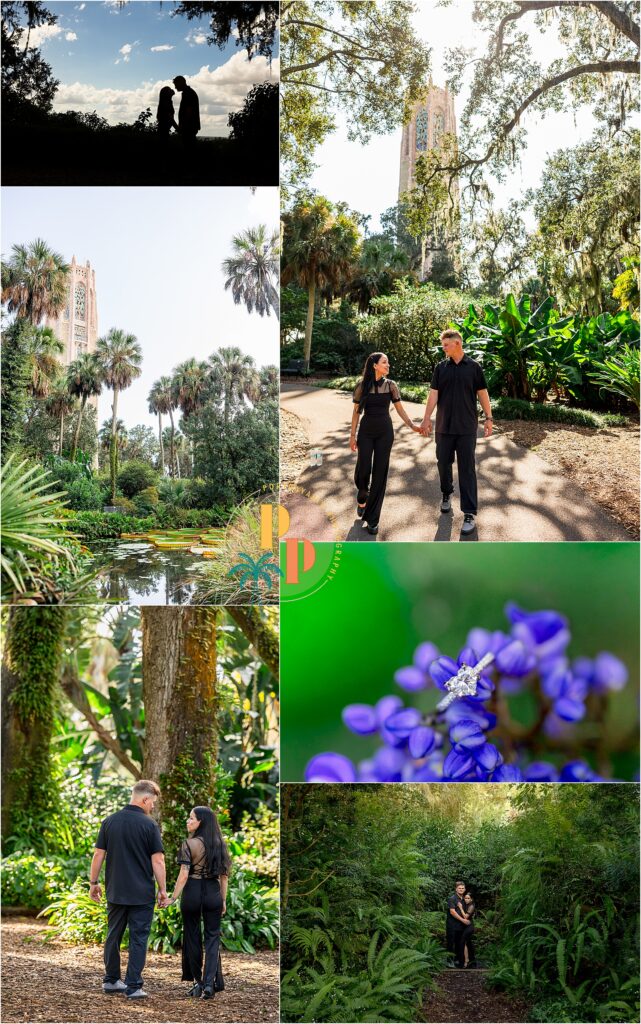Couple enjoying nature and each other after their proposal photoshoot in bok tower gardens