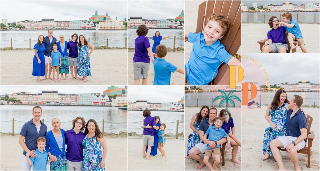 Family enjoying Disney's beach club resort vacation together during a photoshoot